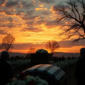 Scène d'hommage funèbre en extérieur au coucher du soleil avec cercueil et silhouette d'arbres.