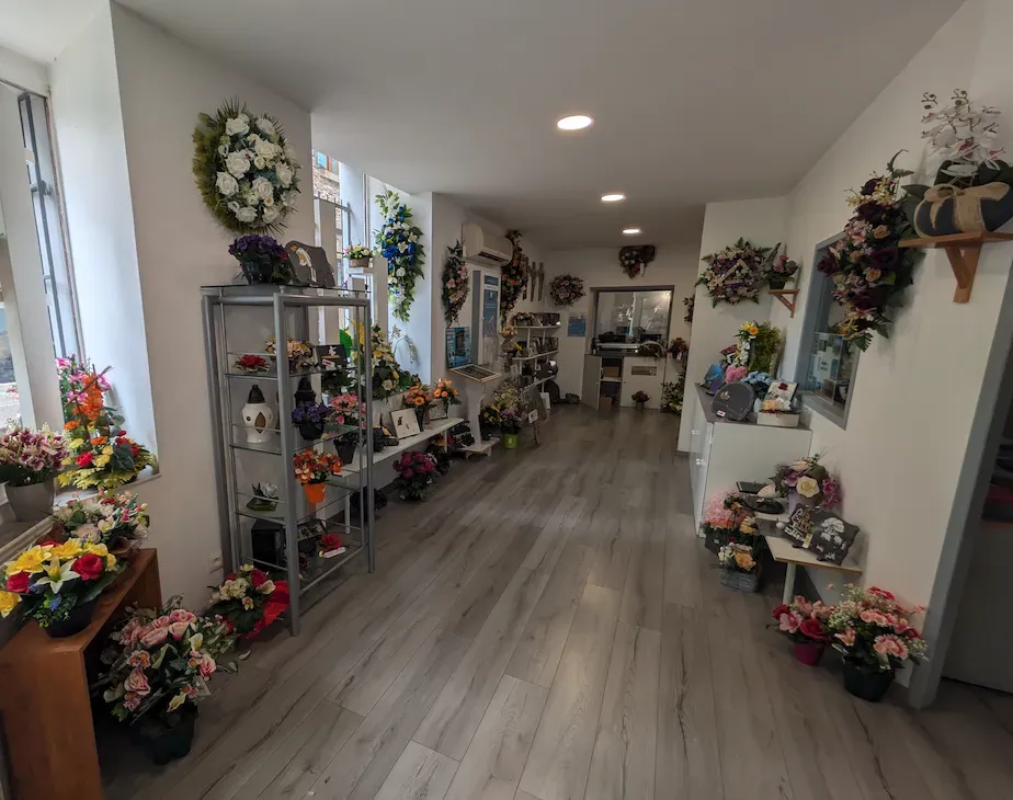 Vue intérieure du magasin d'exposition présentant des étagères et des vitrines remplies de fleurs